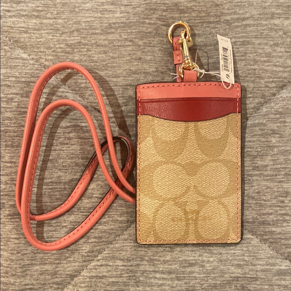 Coach Beige and Red Card Holder with Lanyard